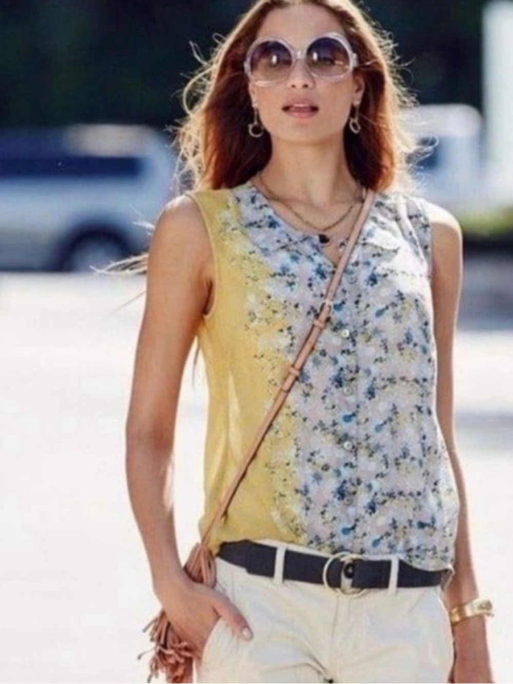 CAbi Yellow and Cream Floral Button-Front Camisole